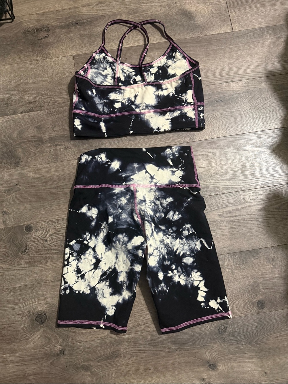 Electric and rose matching biker shorts and sports bra